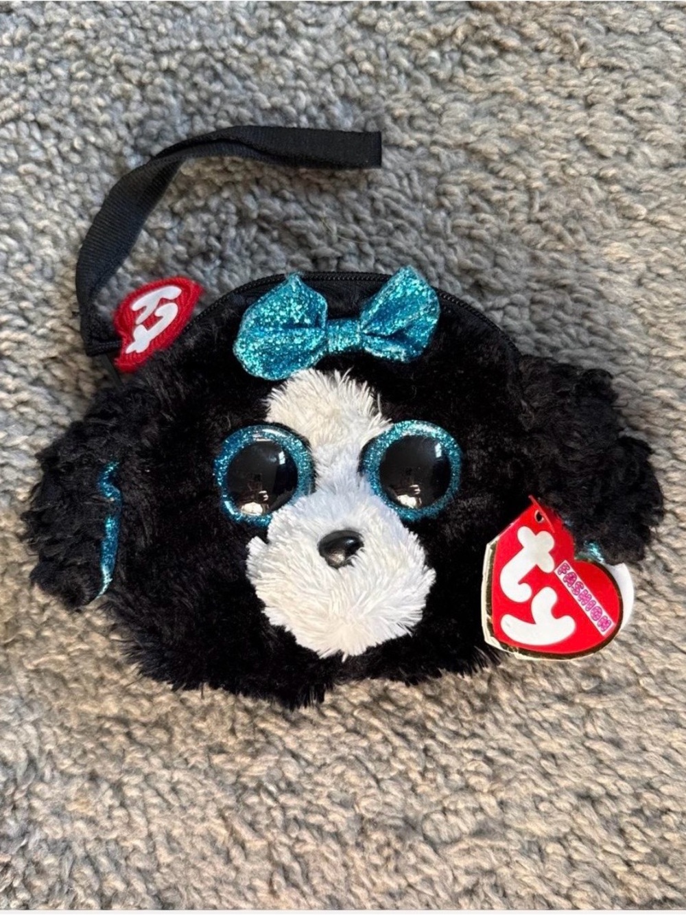 ✅Ty Black & White Plush Dog Wristlet Purse with Teal Glitter Bow and Eye Accents